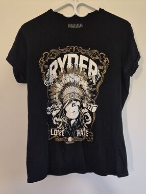 RUDE Black Graphic Tee with White & Gold Headdress Print